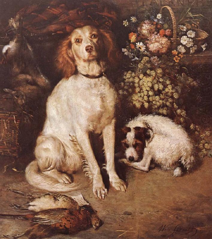 Dogs with Flowers and game, William Strutt